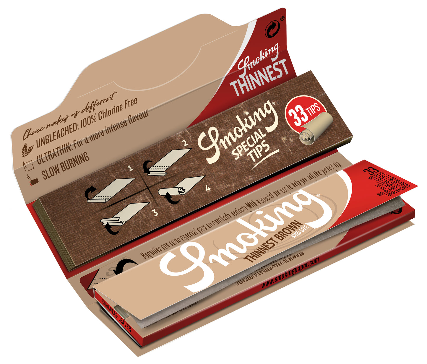 Smoking Thinnest Unbleached King Size With Tips Booklet Open