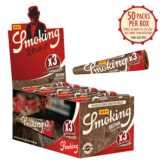 A box of Smoking Brown King Size Unbleached Pre-Roll Cones By Miquel Y Costas