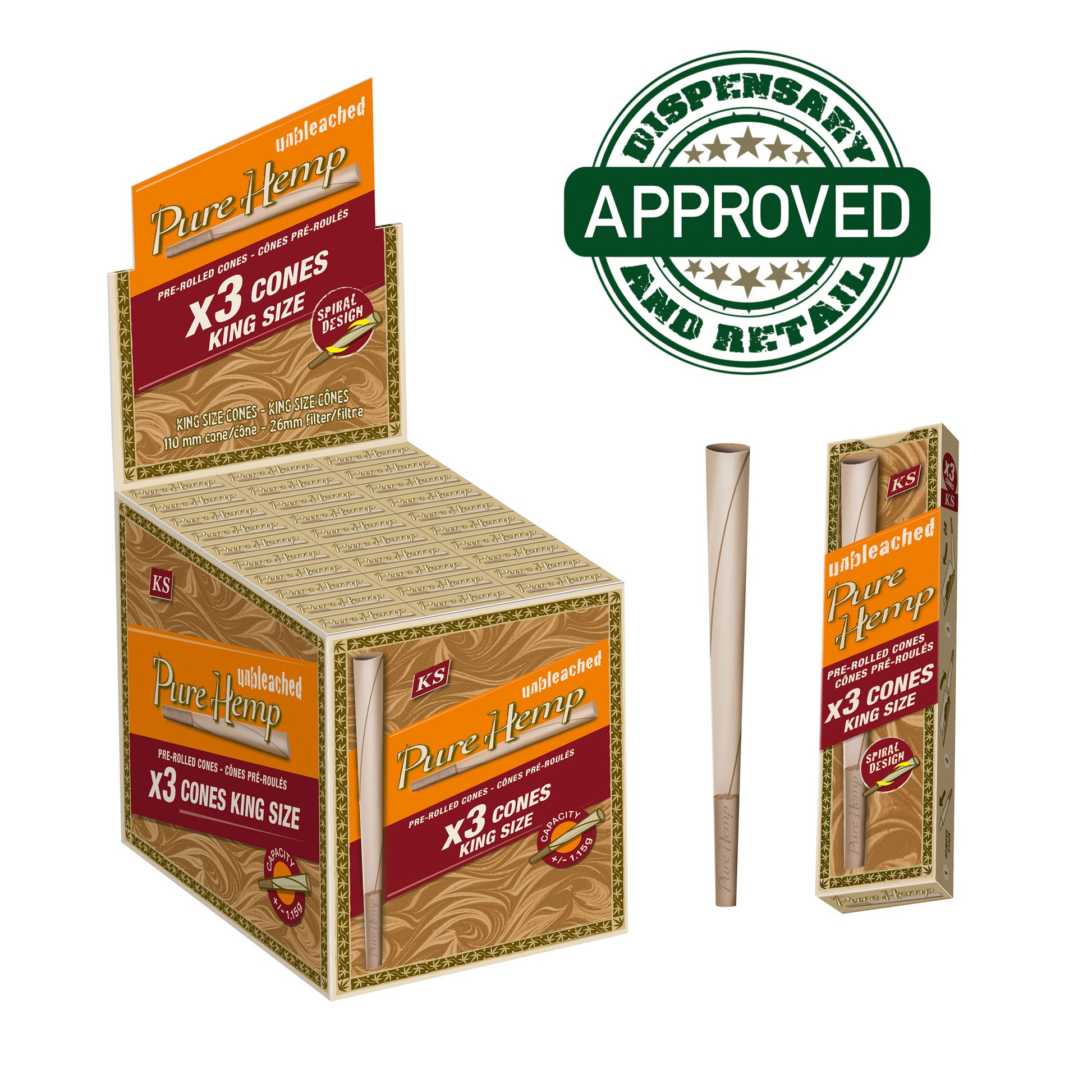 PURE HEMP Unbleached King Size Cones Consumer 3 Packs